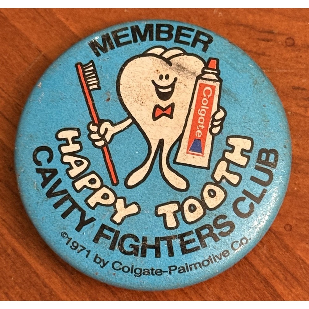 Colgate 1971 Happy Tooth Cavity Fighters Vtg Pinback Button Pin Round Circle